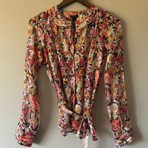 J CREW SILK SHEER FLORAL BLOUSE WITH GOLD METALLIC DETAIL SIZE 2 - Picture 4 of 10